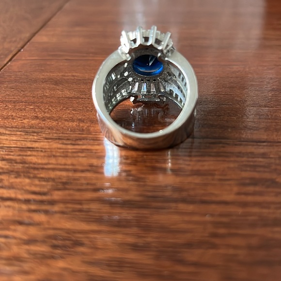 White Gold Plated Blue Sapphire Diamond Crown Simulated Ring - Picture 8 of 14